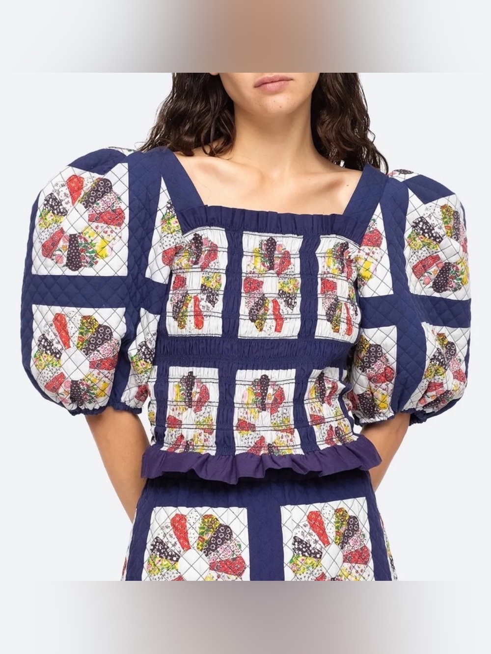 Sea New York Pippin Puff Sleeve Patchwork Smocked Top Blue Blouse Size 4